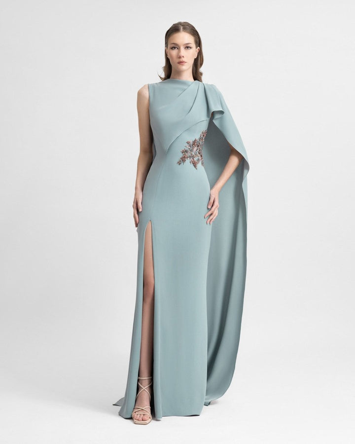 Draped Crepe Dress with Beaded Cape - Gemy Maalouf