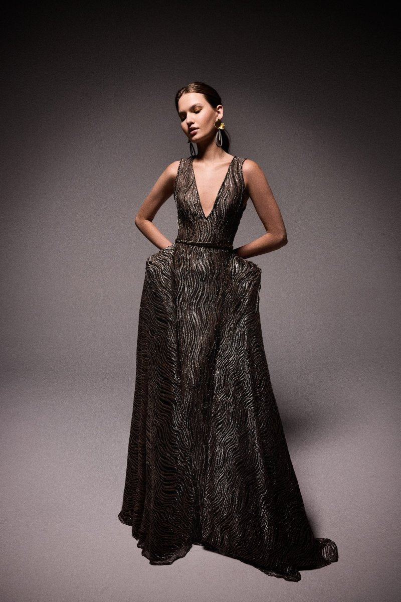 V - Neck Beaded Overskirt Dress - Gemy Maalouf