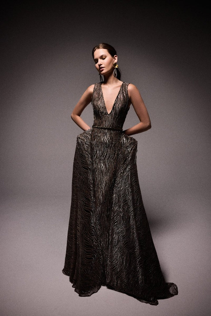 V - Neck Beaded Overskirt Dress - Gemy Maalouf