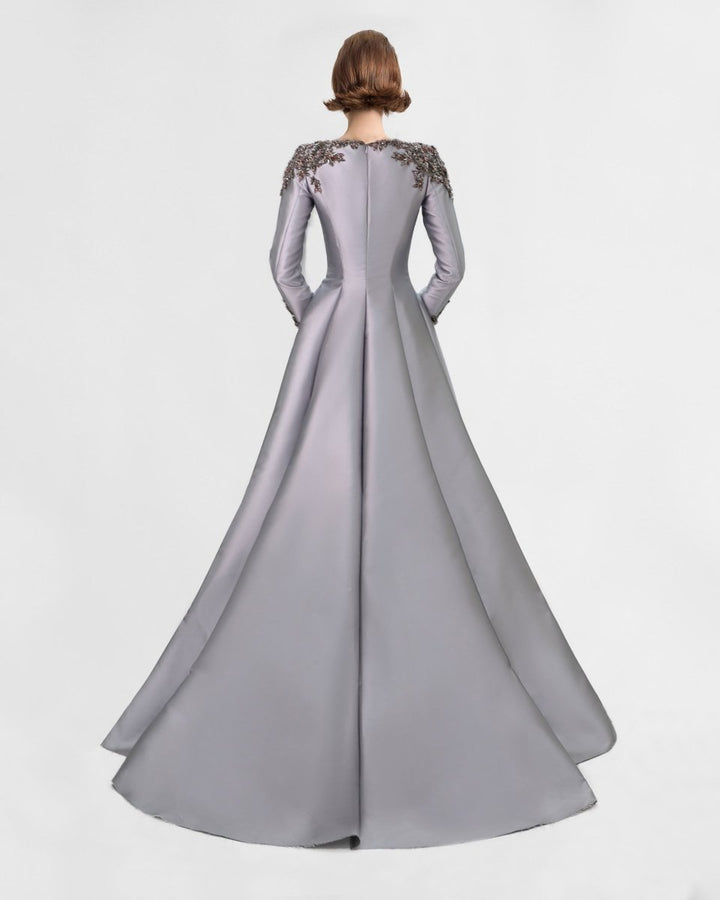 Beaded Mikado Dress with Long Sleeves - Gemy Maalouf