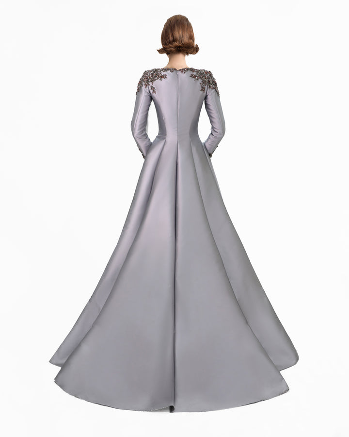 Beaded Mikado Dress with Long Sleeves