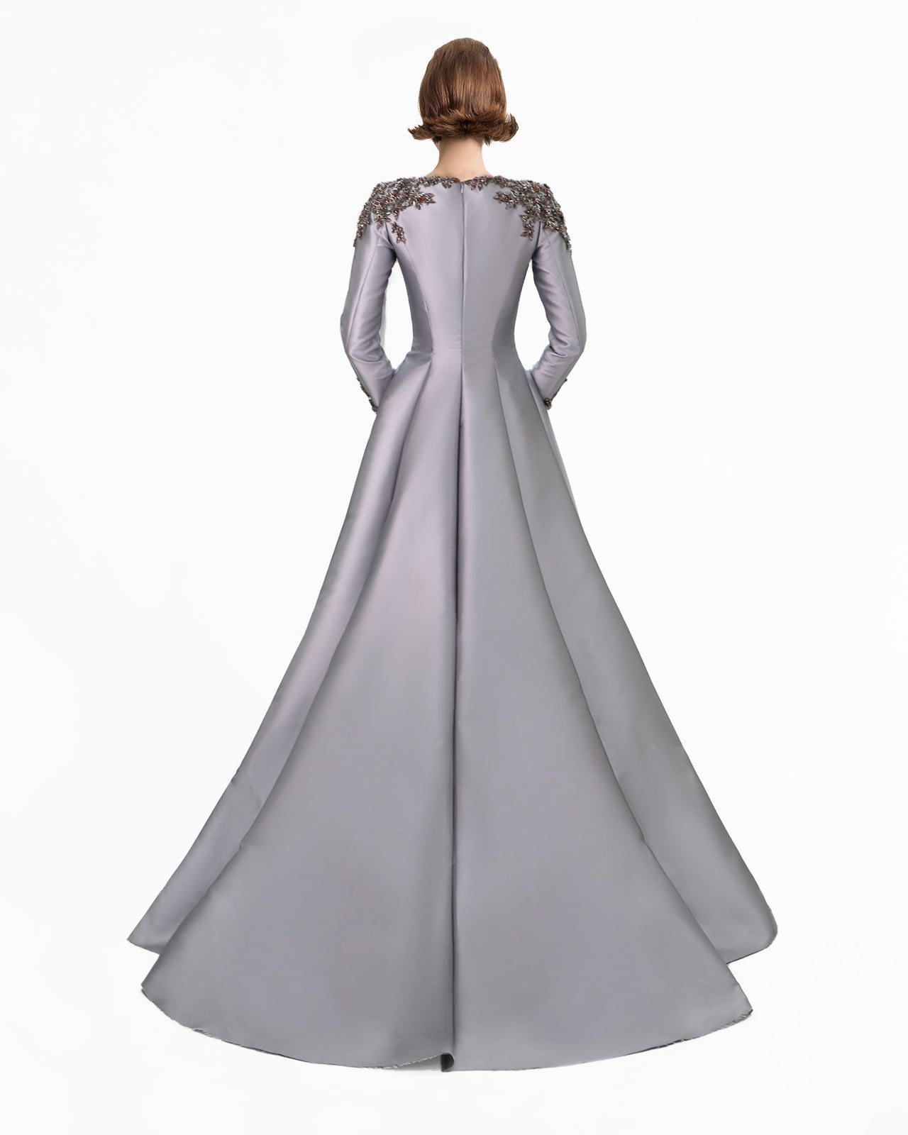 Beaded Mikado Dress with Long Sleeves