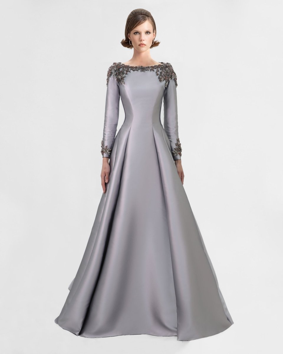 Beaded Mikado Dress with Long Sleeves - Gemy Maalouf