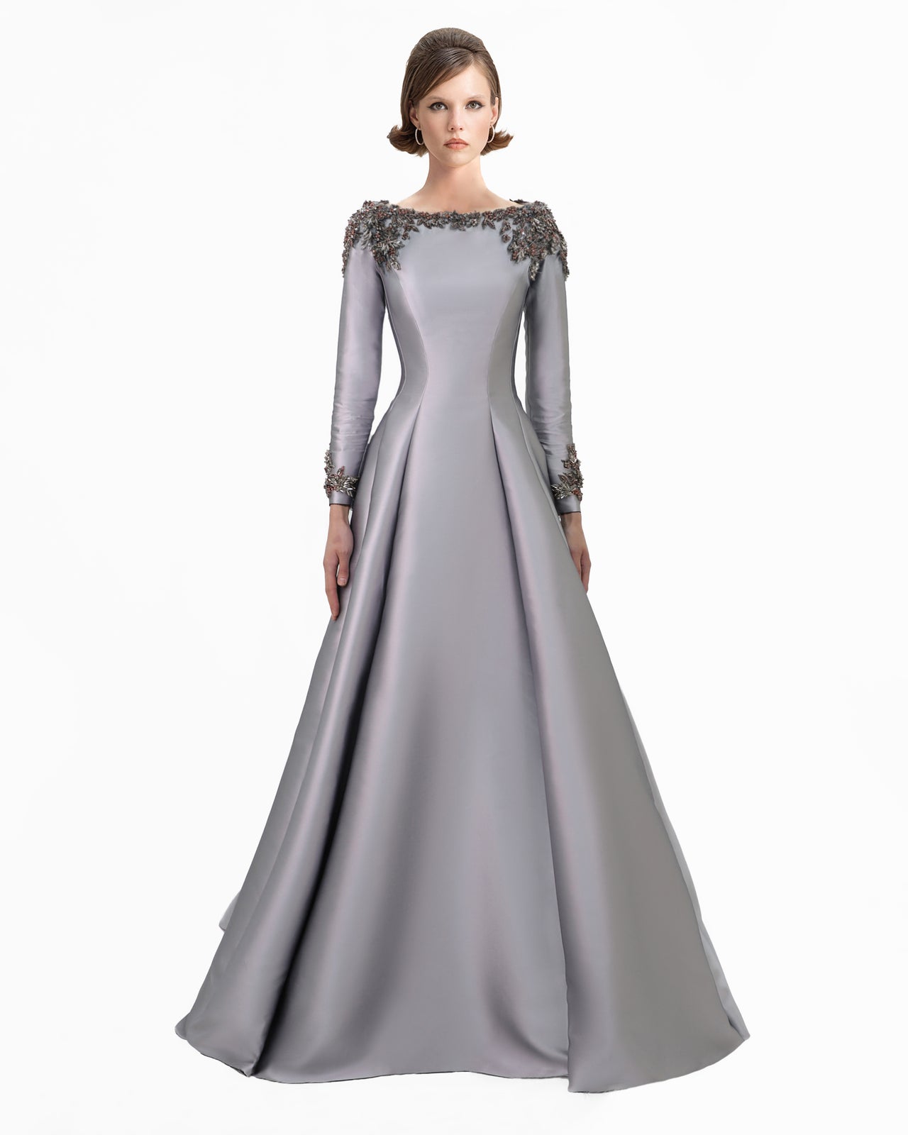 Beaded Mikado Dress with Long Sleeves