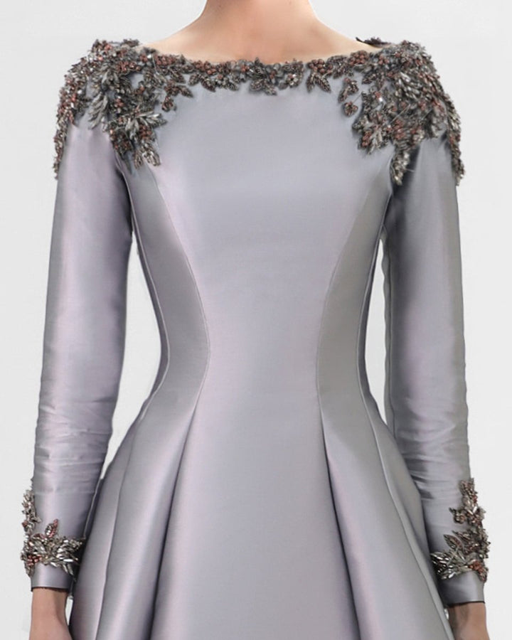 Beaded Mikado Dress with Long Sleeves - Gemy Maalouf