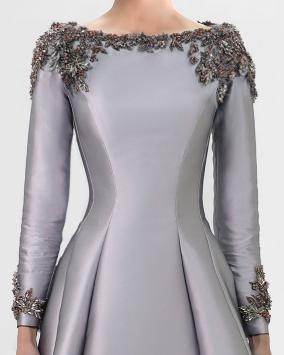 Beaded Mikado Dress with Long Sleeves - Gemy Maalouf