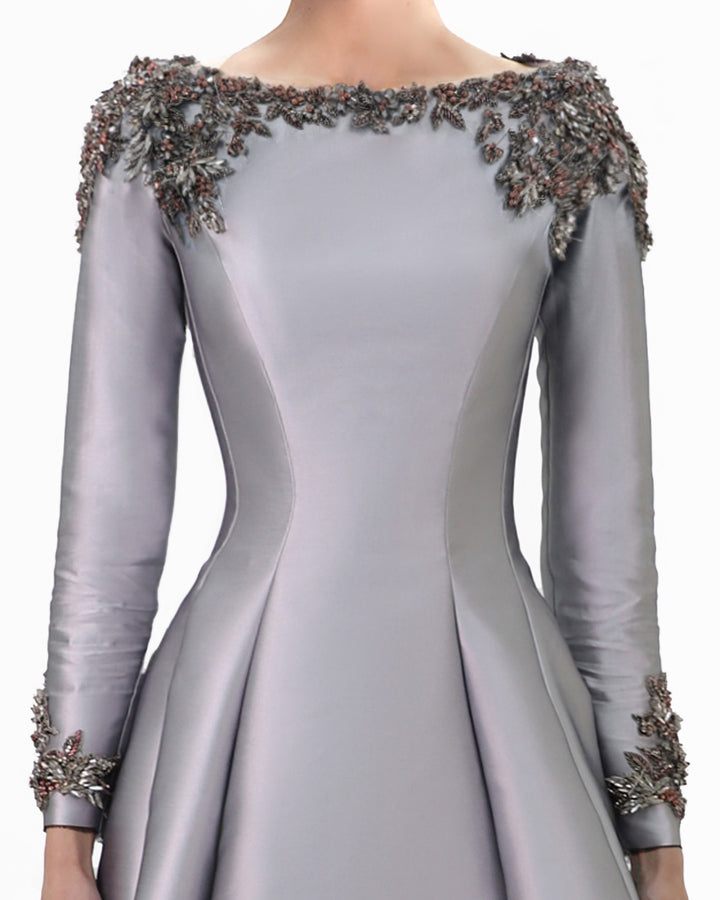 Beaded Mikado Dress with Long Sleeves