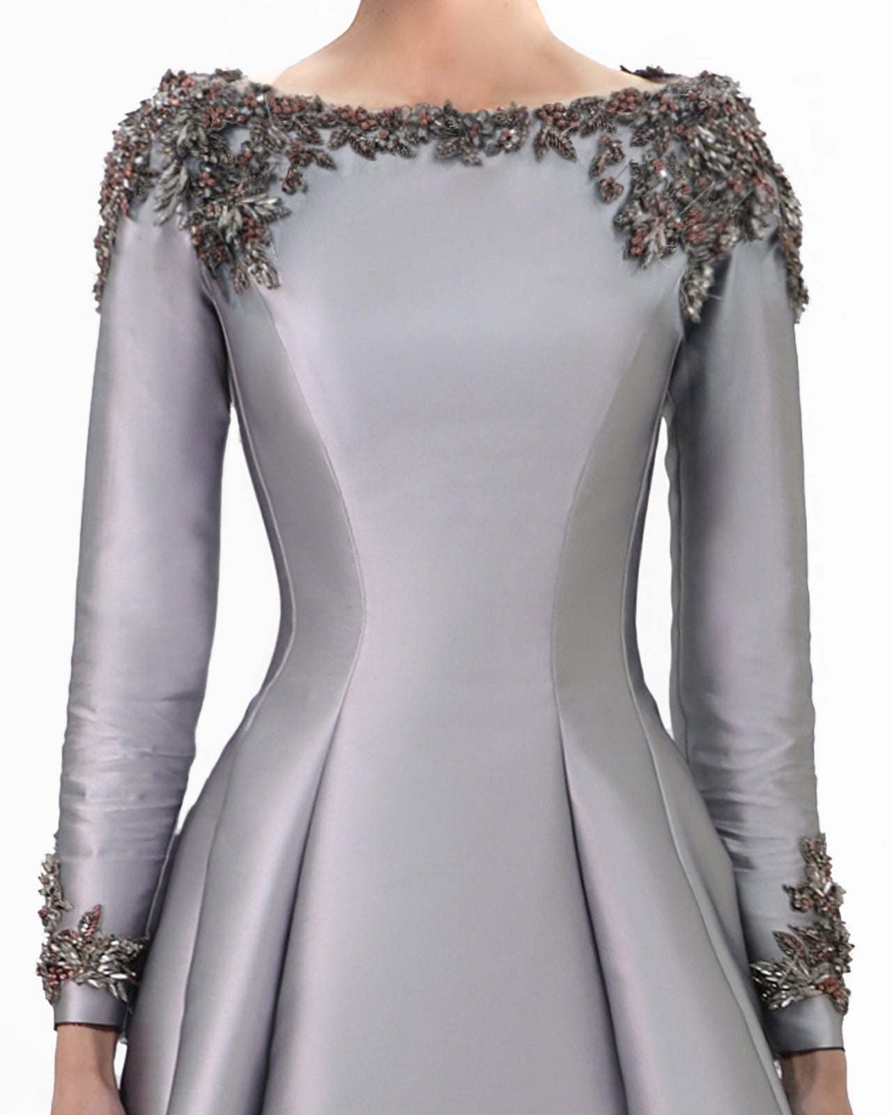 Beaded Mikado Dress with Long Sleeves