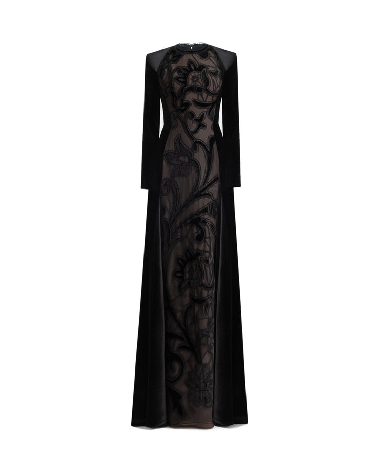 High-Neck Velvet Embroidered Dress