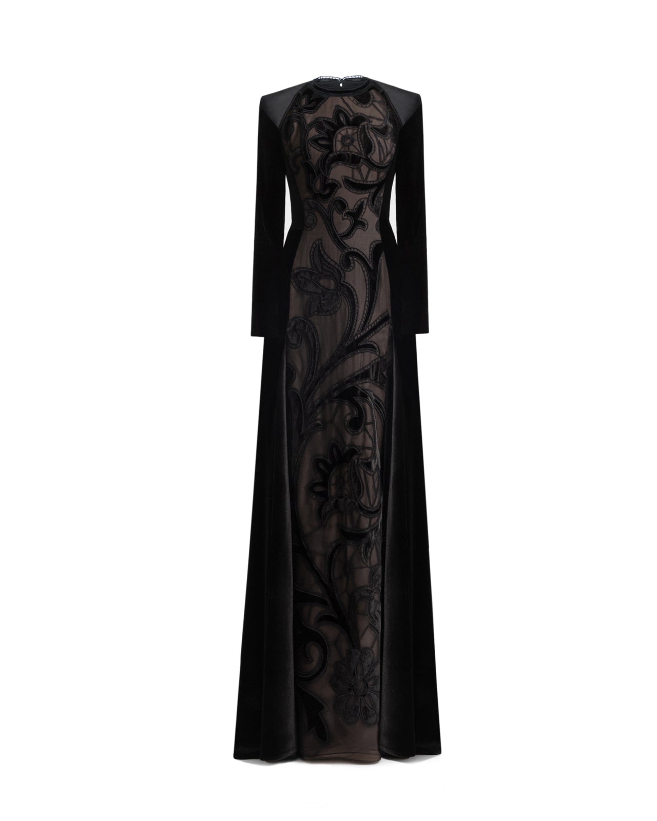 High-Neck Velvet Embroidered Dress