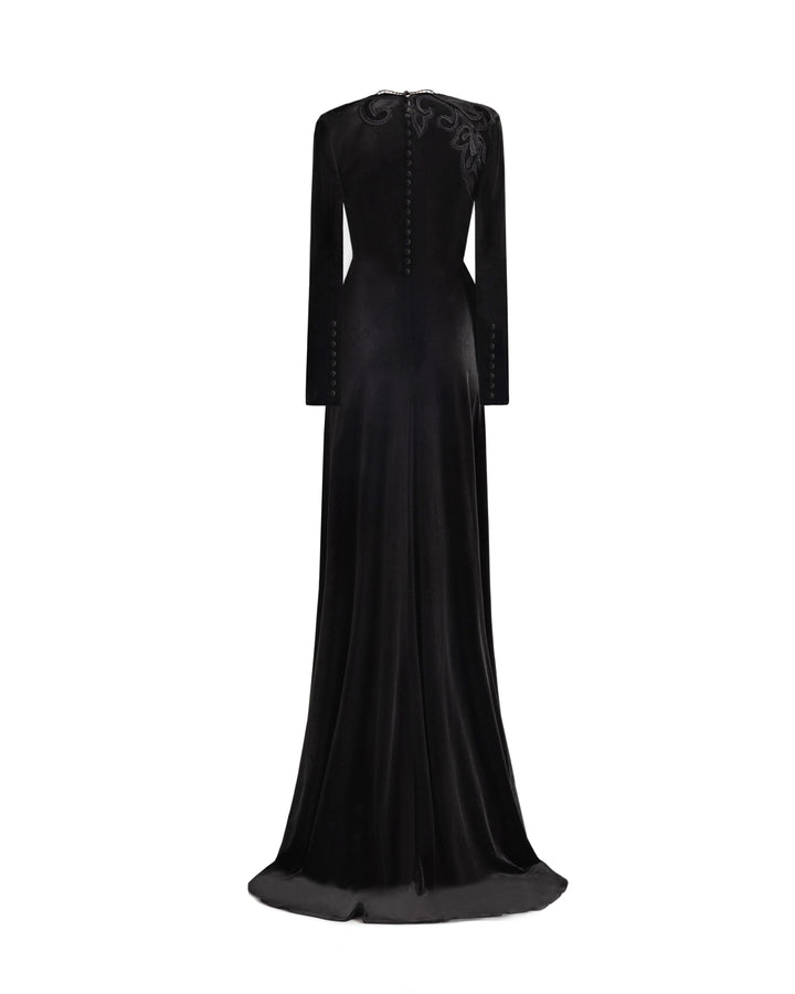 High-Neck Velvet Embroidered Dress