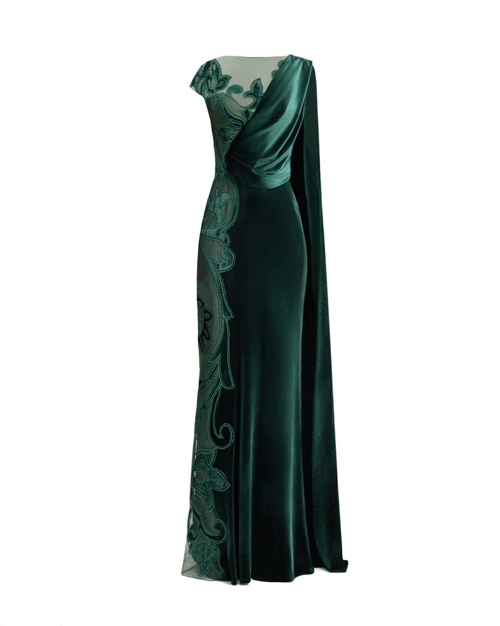 Asymmetrical Draped Embroidered Velvet Dress