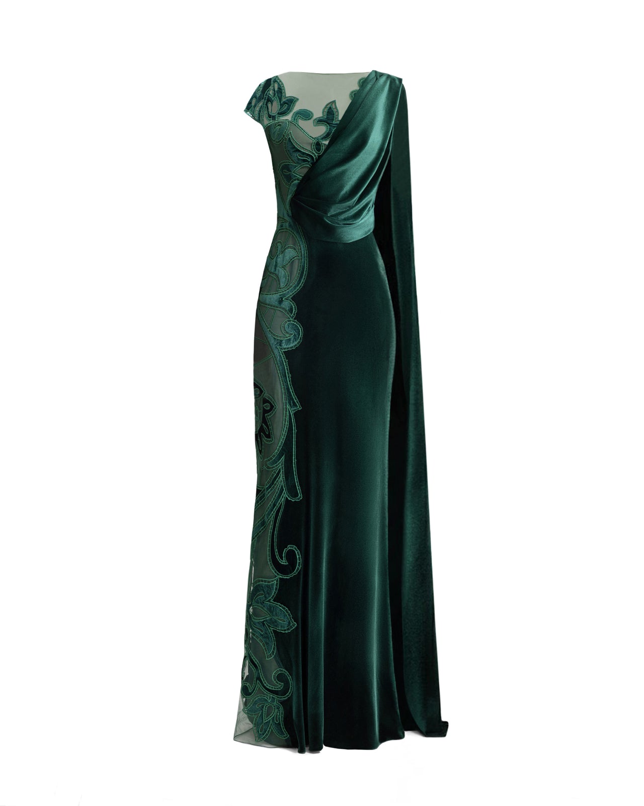 Asymmetrical Draped Embroidered Velvet Dress