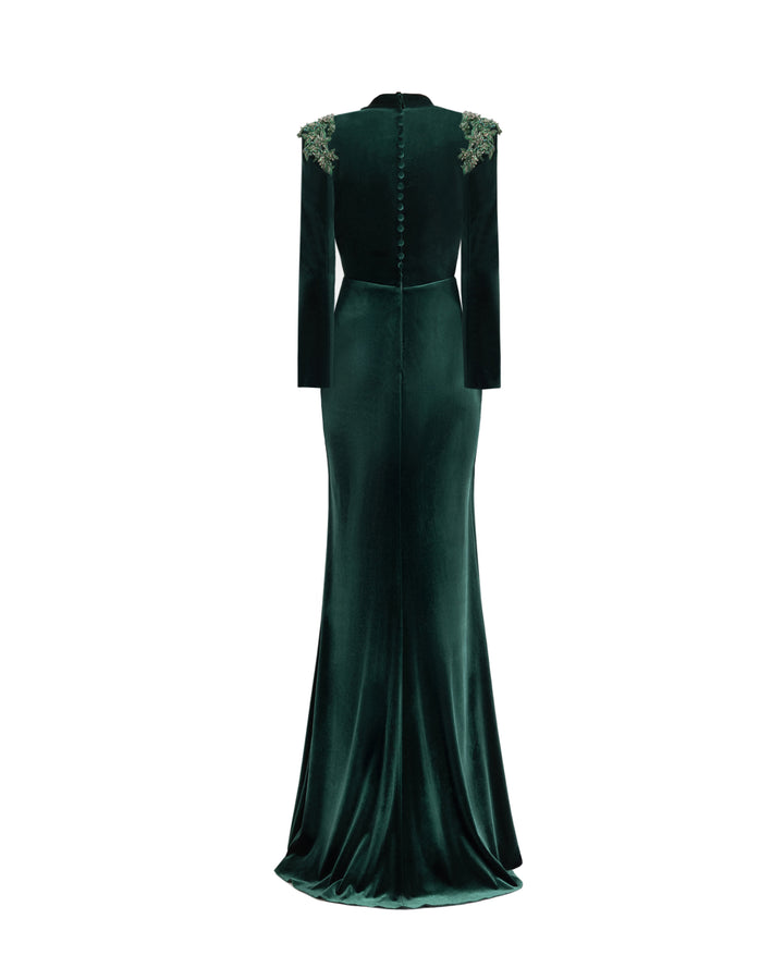 Slim Velvet Dress with Beaded Shoulders