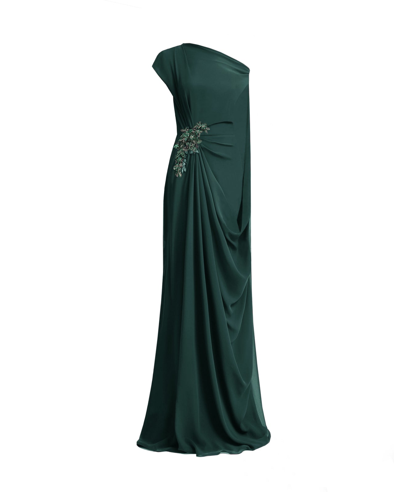Gemy Maalouf - Gemy Maalouf | Evening Dresses | Green Draped Dress with Cape Sleeve - Gemy Maalouf - Gemy Maalouf | Evening Dresses | Green Draped Dress with Cape Sleeve -