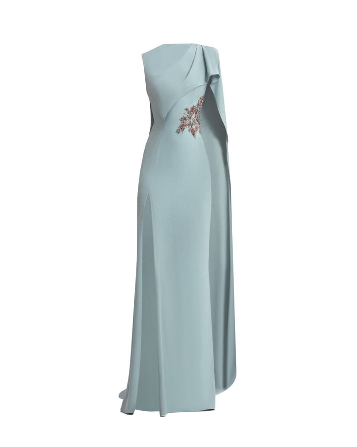 Draped Crepe Dress with Beaded Cape - Gemy Maalouf