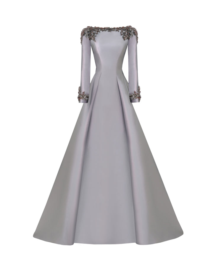 Beaded Mikado Dress with Long Sleeves