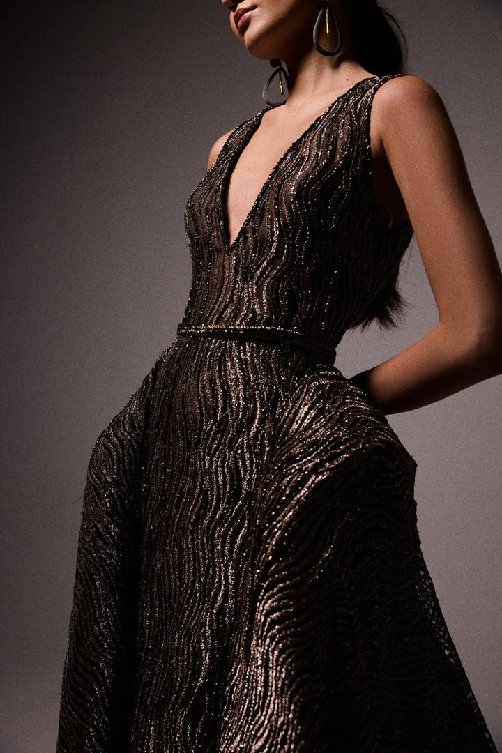 V - Neck Beaded Overskirt Dress - Gemy Maalouf