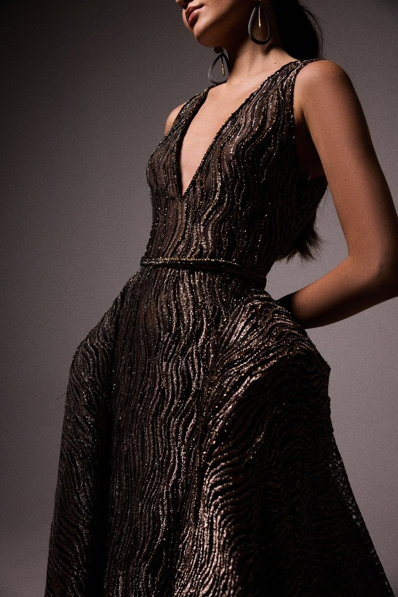 V - Neck Beaded Overskirt Dress - Gemy Maalouf