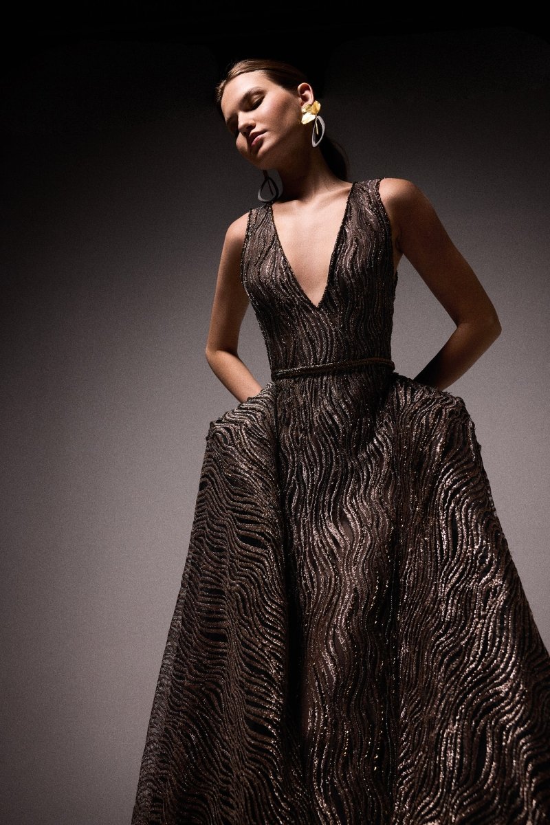 V - Neck Beaded Overskirt Dress - Gemy Maalouf