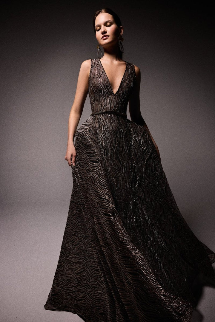 V - Neck Beaded Overskirt Dress - Gemy Maalouf