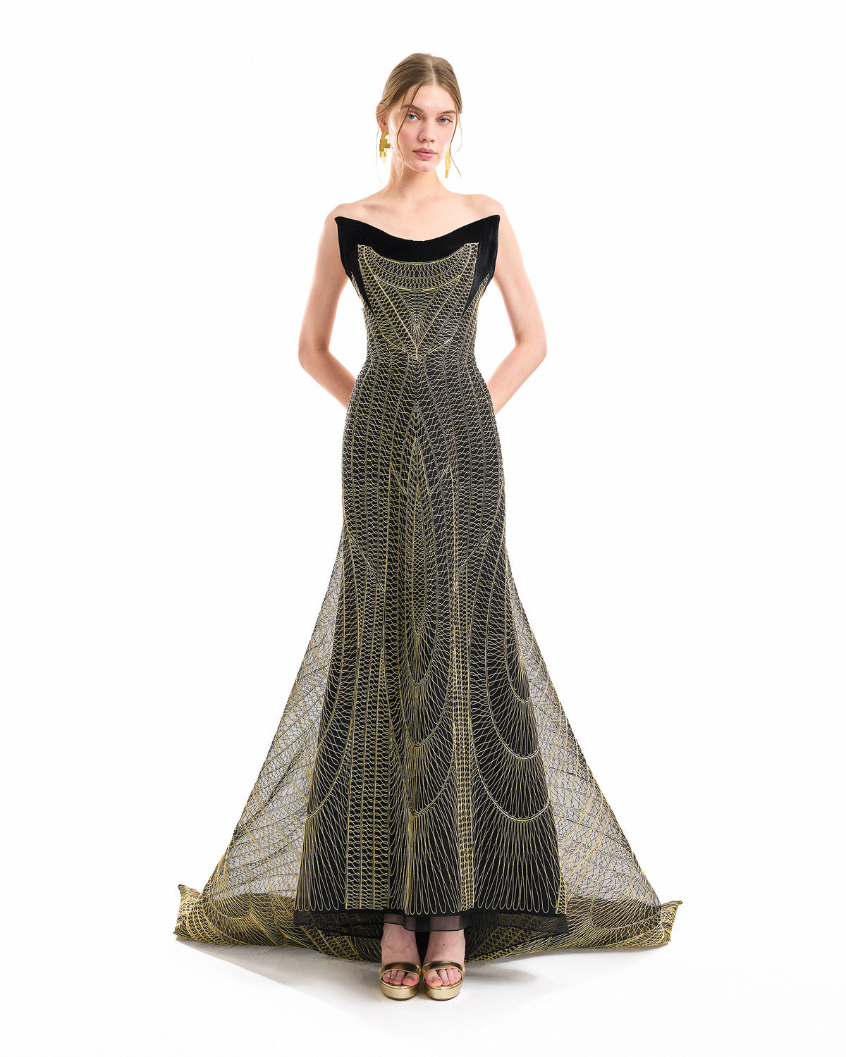 Metallic Embroidered Train Dress