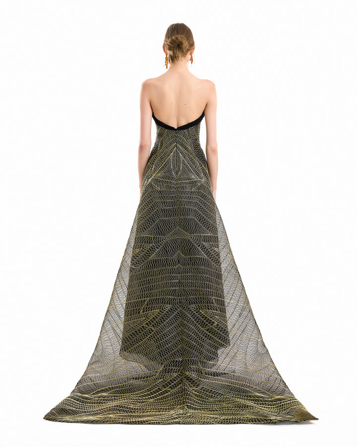 Metallic Embroidered Train Dress