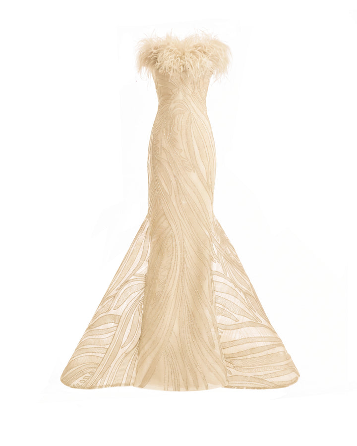 Off-Shoulder Feathered Mermaid Dress