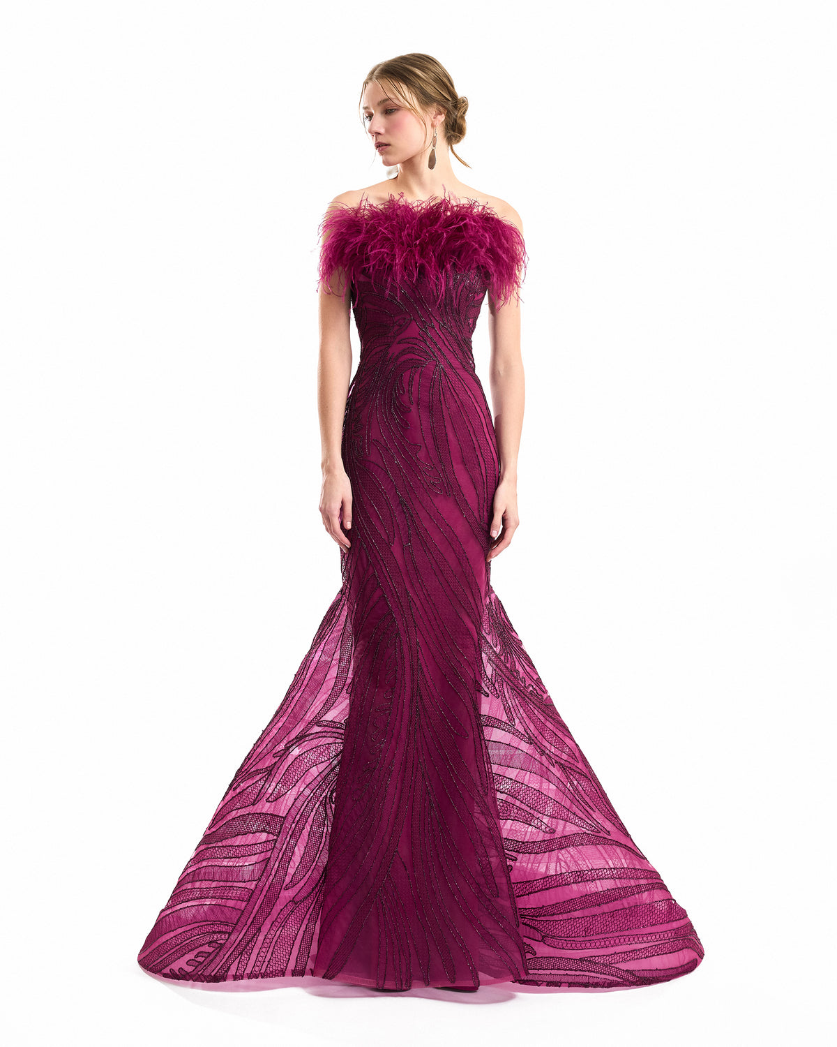 Off-Shoulder Feathered Mermaid Dress