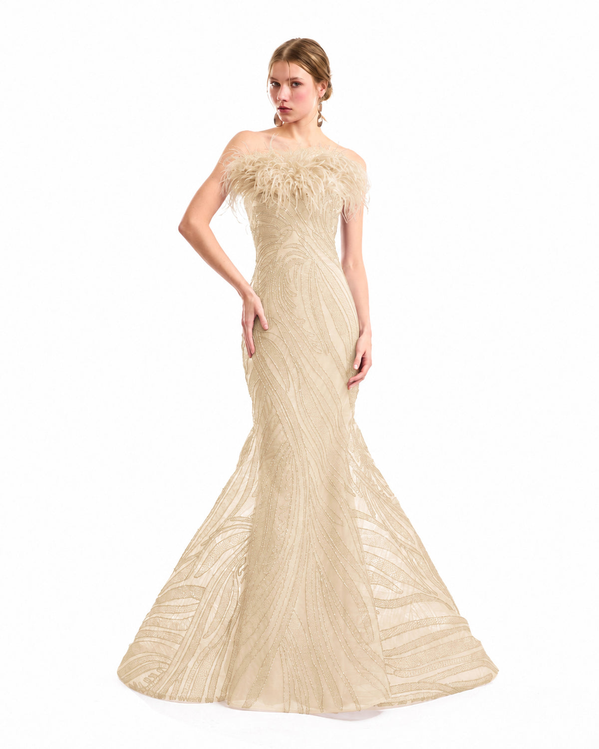 Off-Shoulder Feathered Mermaid Dress