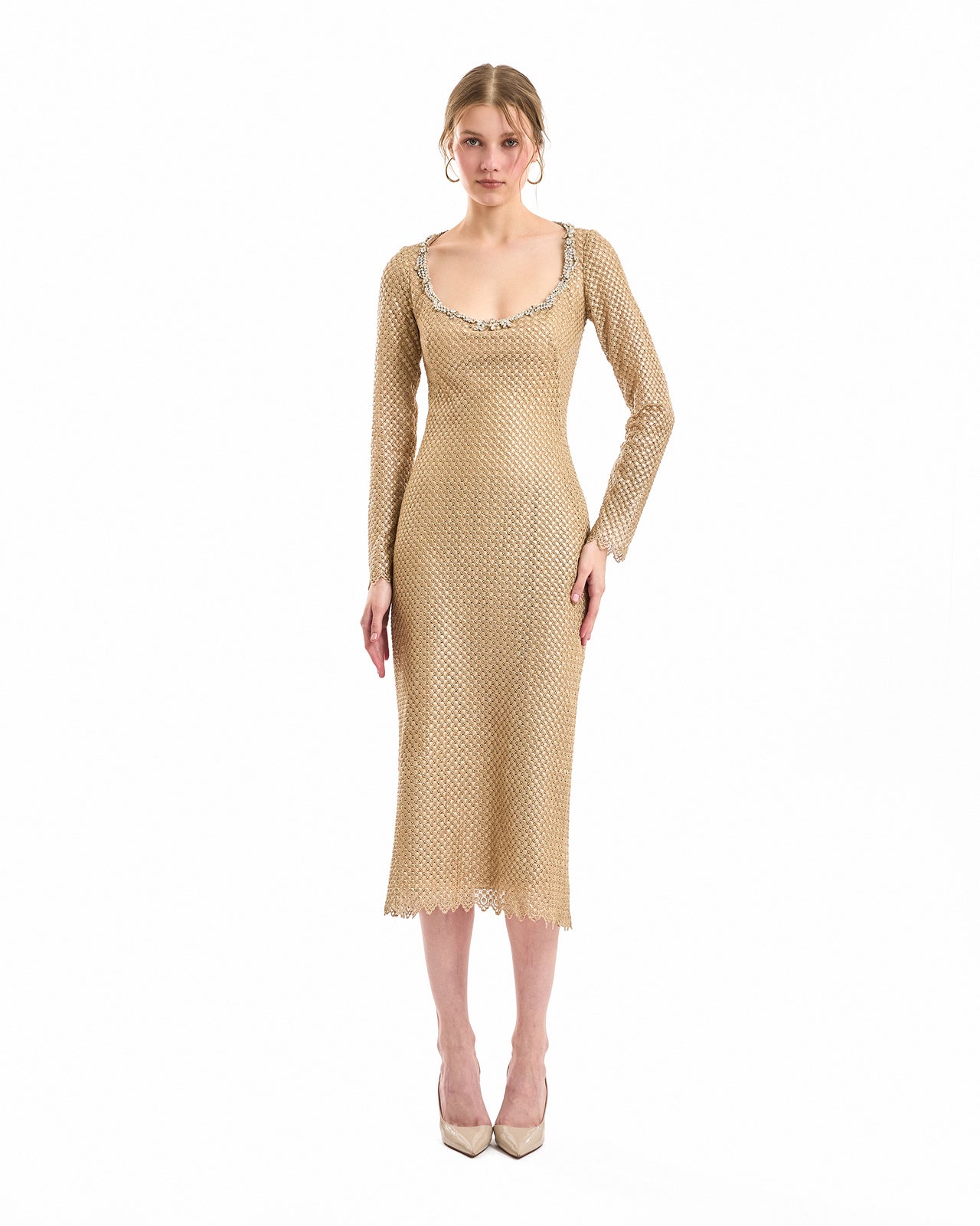 Beaded Scoop-Neck Midi Dress