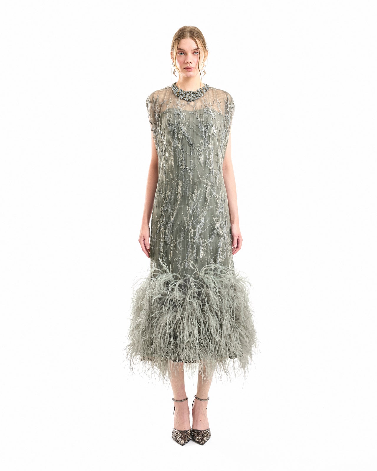 Feathered Hem Pleated Midi Dress