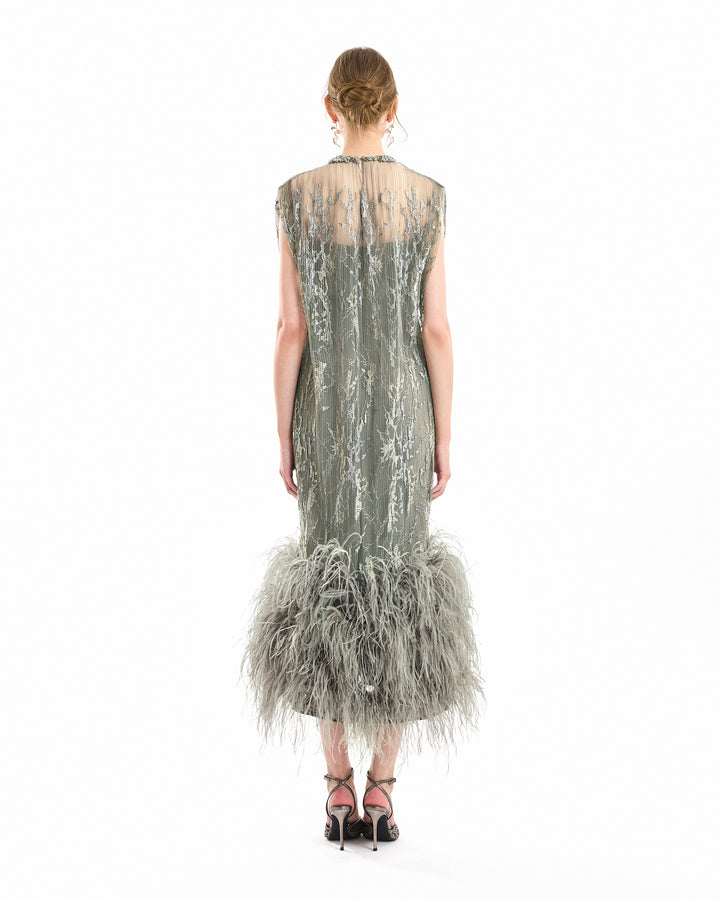 Feathered Hem Pleated Midi Dress