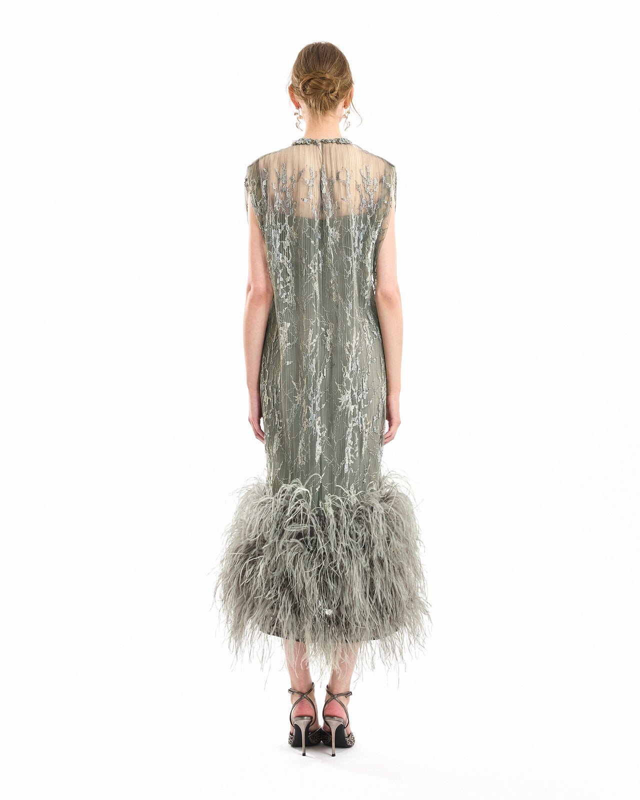 Feathered Hem Pleated Midi Dress