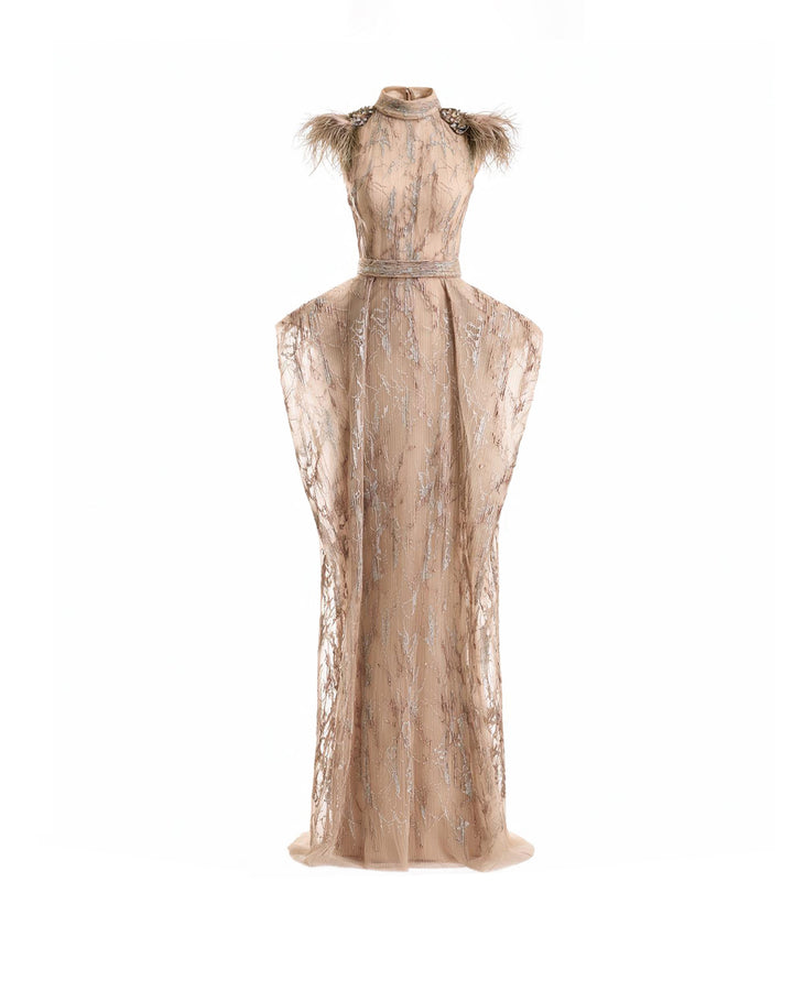 Feathered Shoulder Hip-Panel Dress