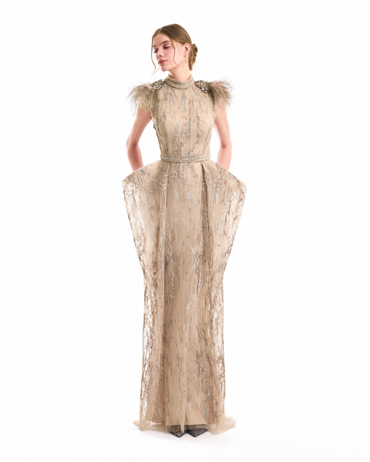 Feathered Shoulder Hip-Panel Dress
