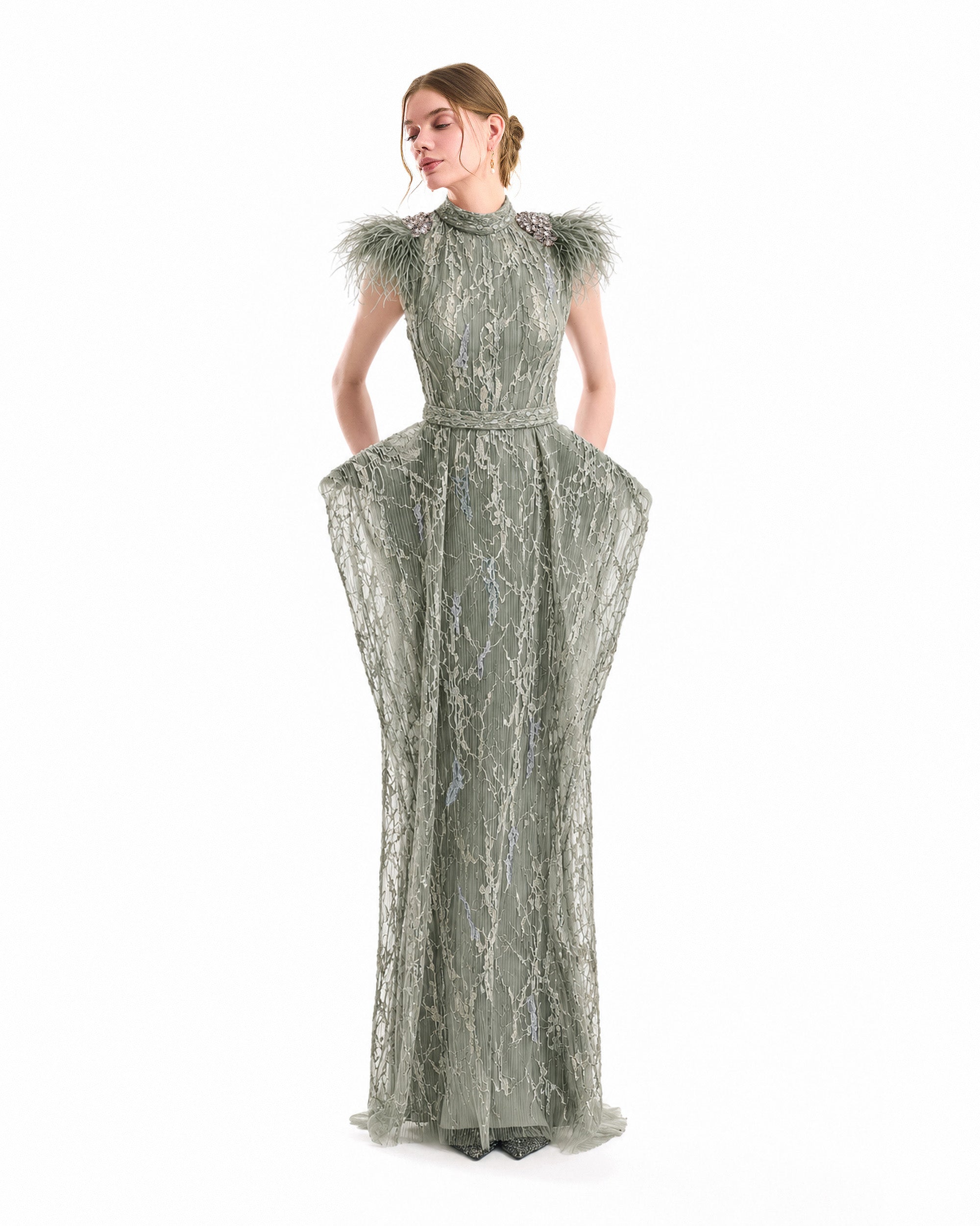 Feathered Shoulder Hip-Panel Dress