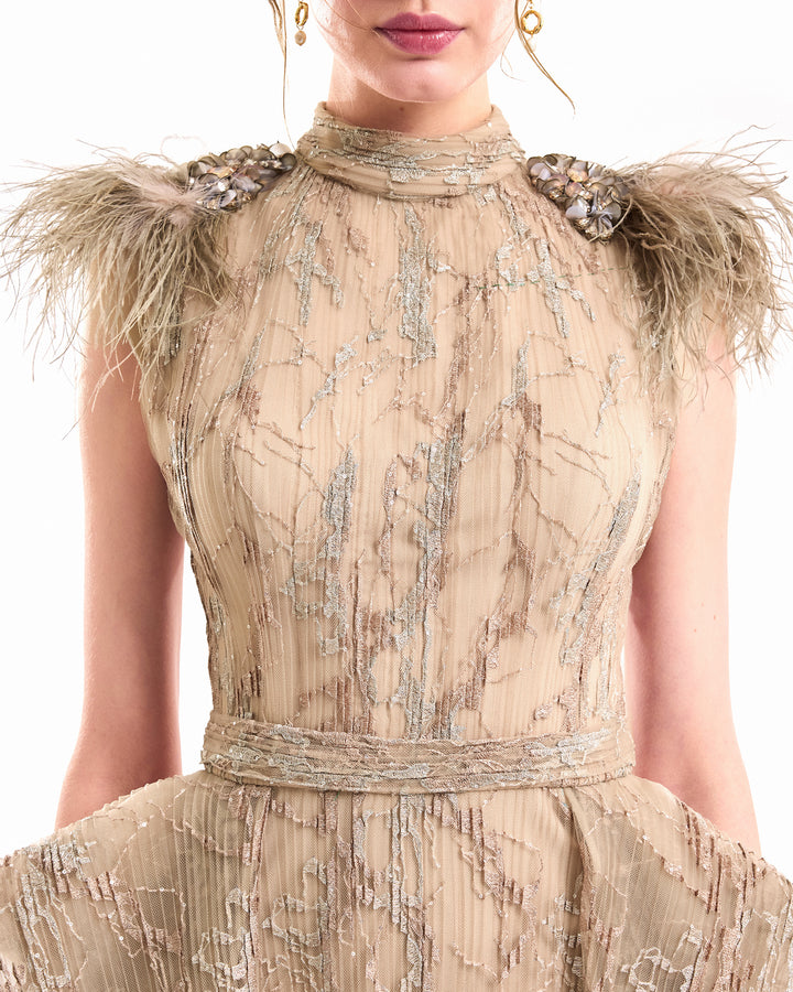 Feathered Shoulder Hip-Panel Dress