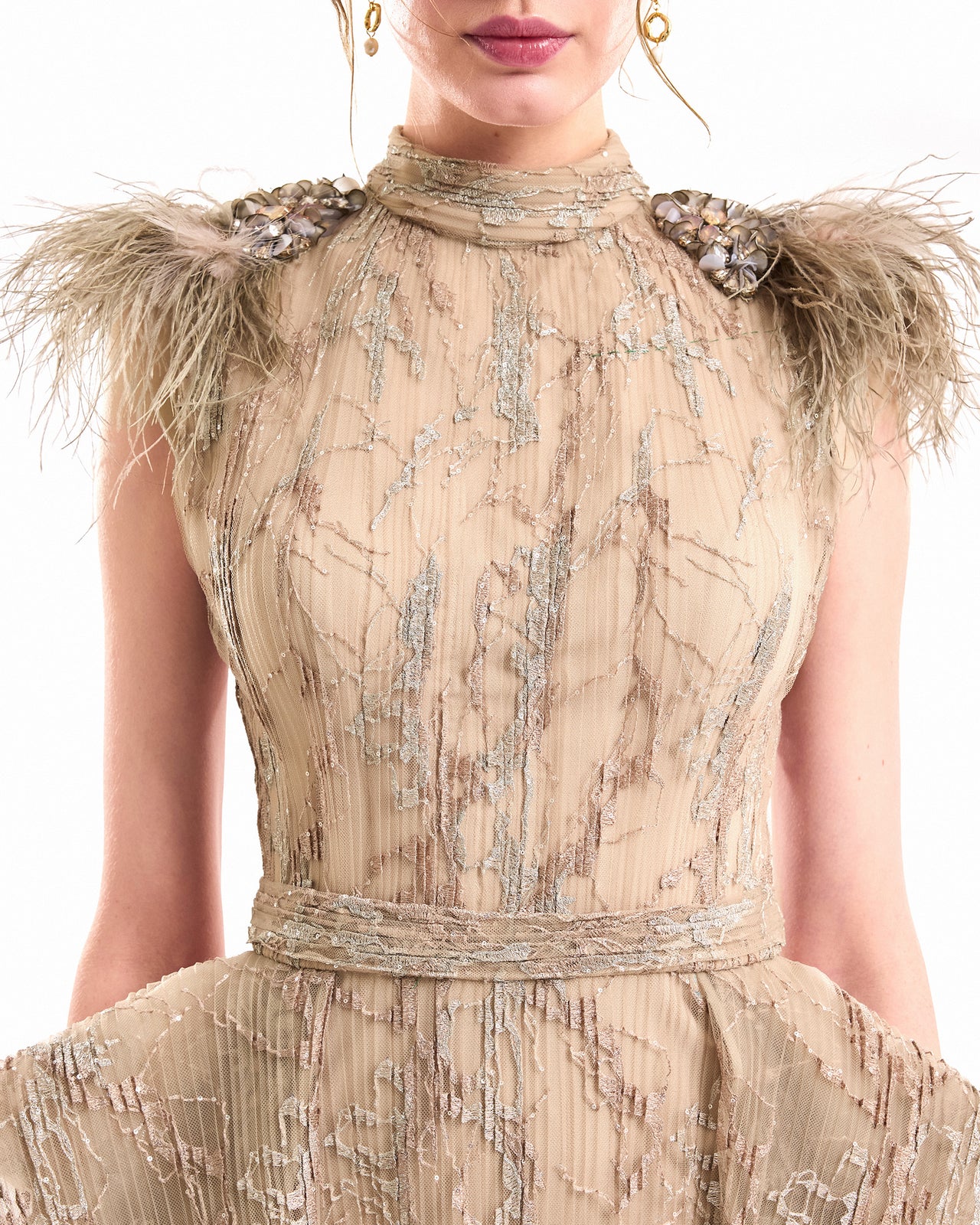 Feathered Shoulder Hip-Panel Dress