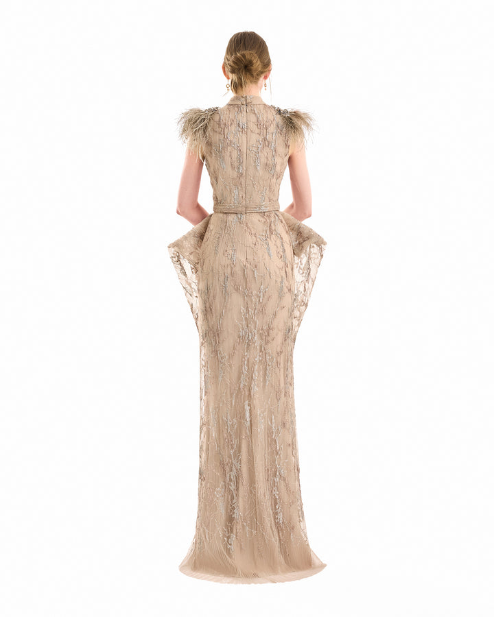 Feathered Shoulder Hip-Panel Dress