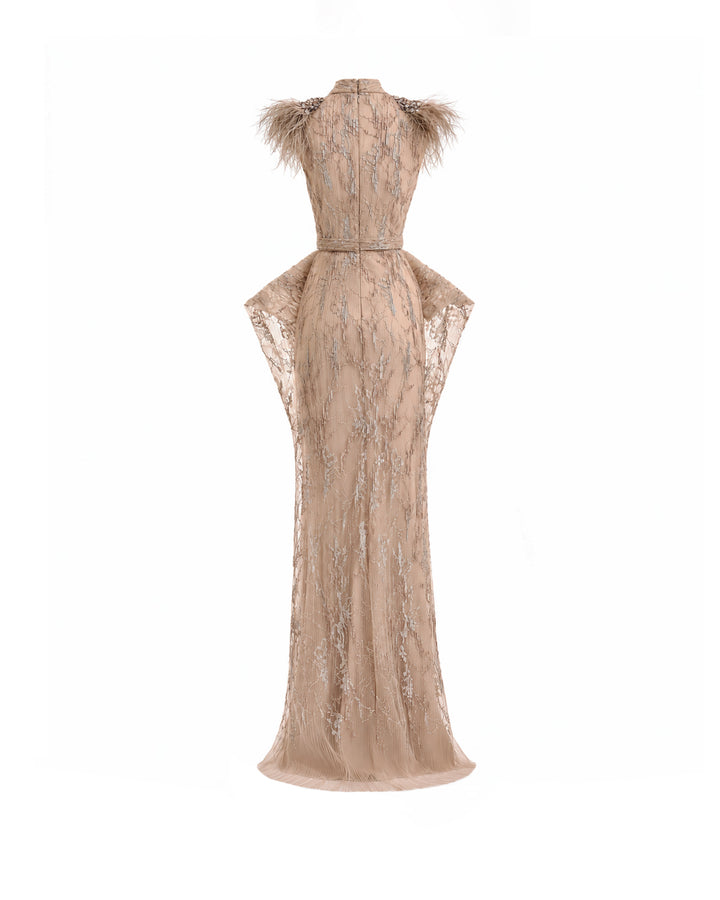 Feathered Shoulder Hip-Panel Dress
