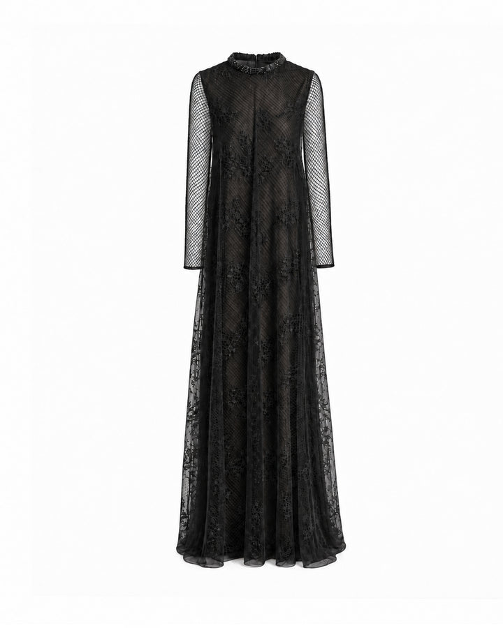 Embroidered Net Lace Dress with Beaded Cape