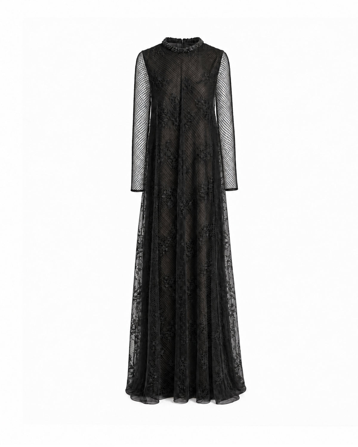 Embroidered Net Lace Dress with Beaded Cape