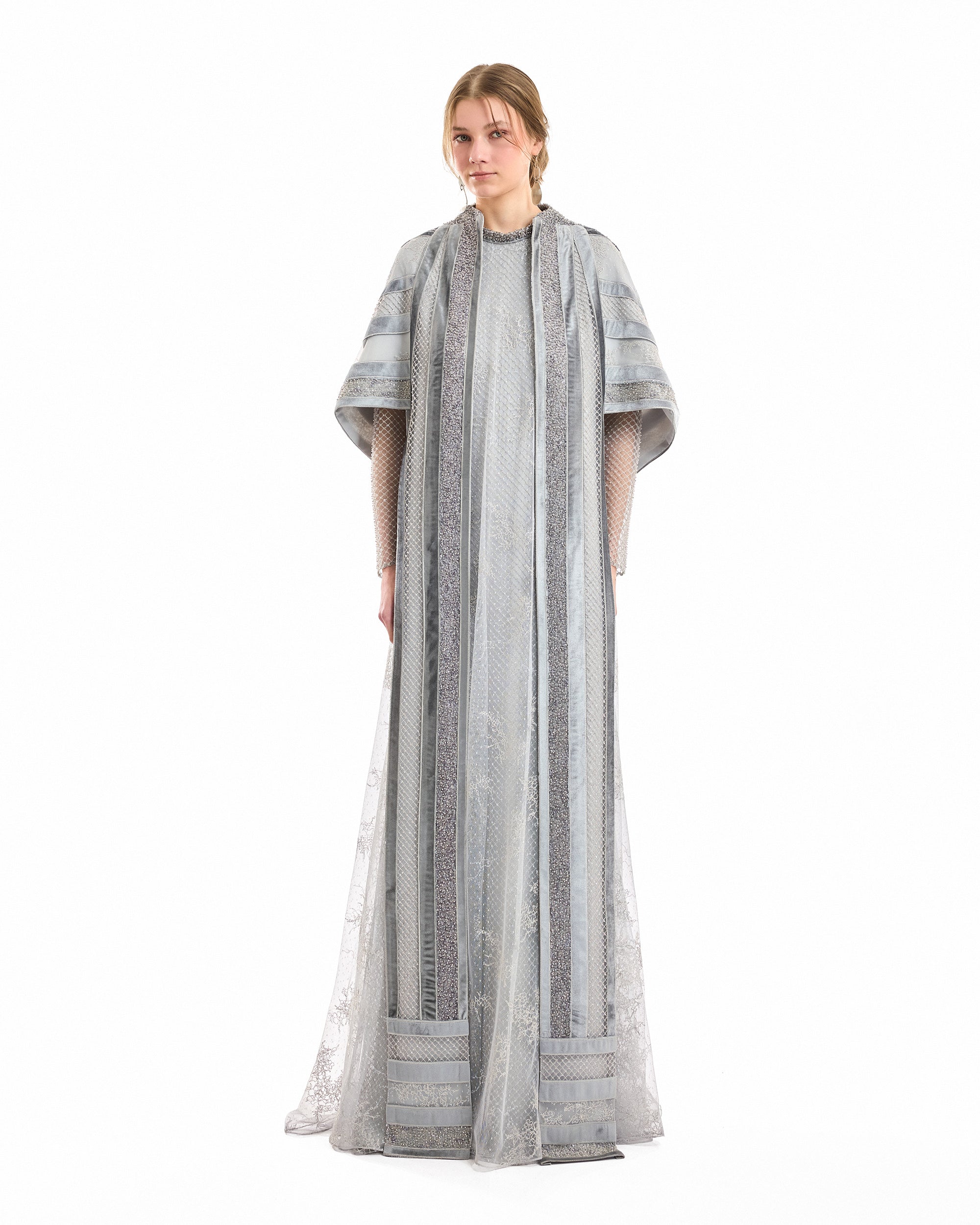 Embroidered Net Lace Dress with Beaded Cape