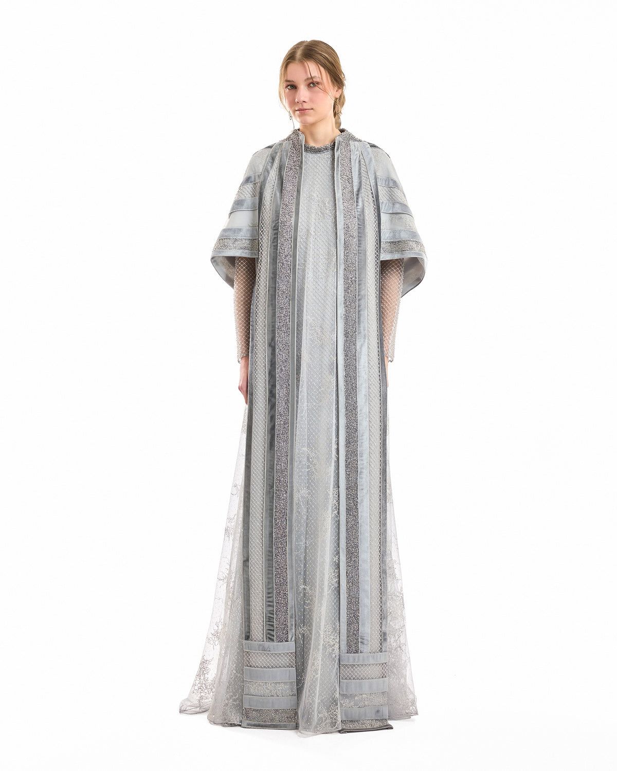 Embroidered Net Lace Dress with Beaded Cape