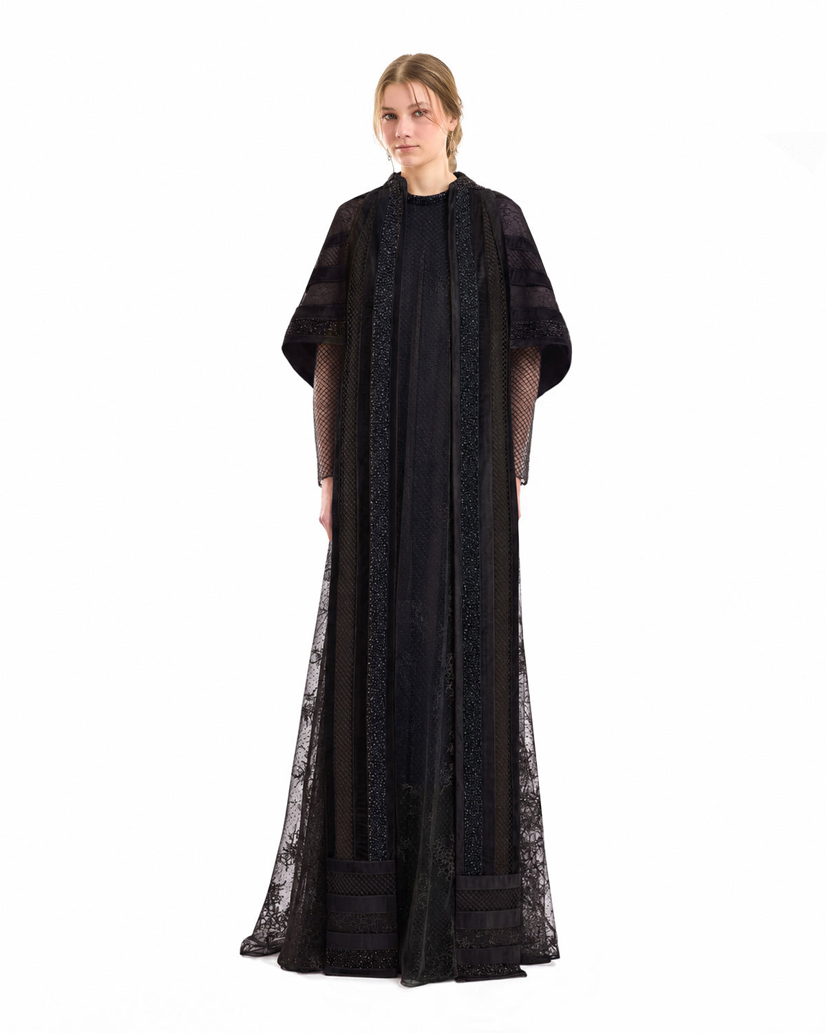 Embroidered Net Lace Dress with Beaded Cape