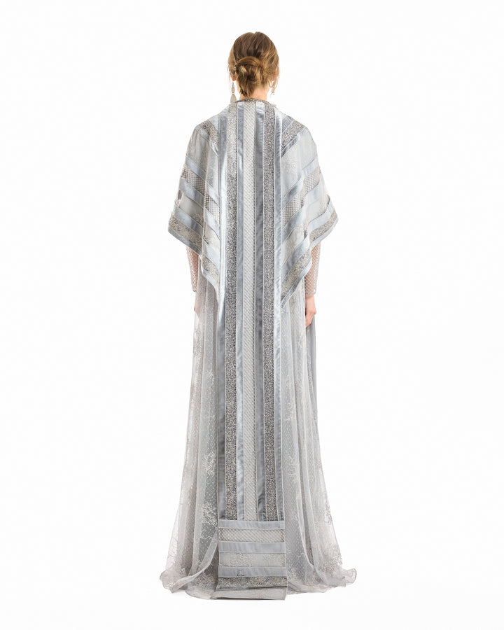 Embroidered Net Lace Dress with Beaded Cape