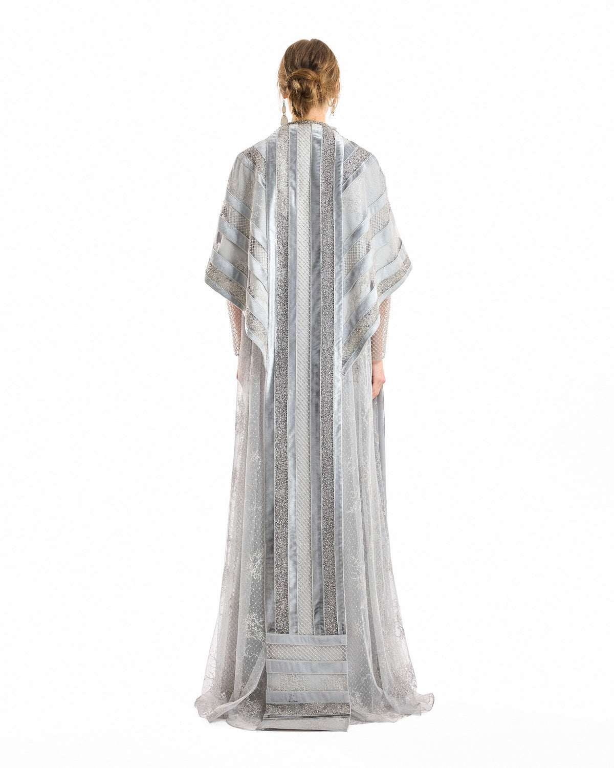 Embroidered Net Lace Dress with Beaded Cape