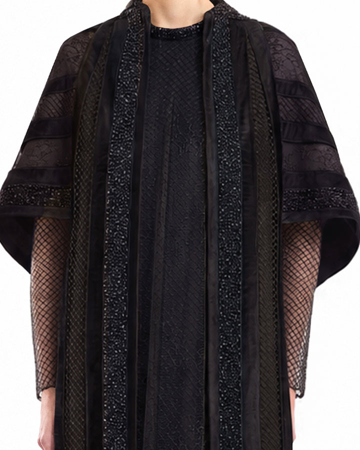 Embroidered Net Lace Dress with Beaded Cape