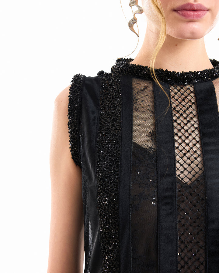 Close-up of a model wearing a black sleeveless dress with sheer mesh panels, beaded trim, and fishnet details against a white background.